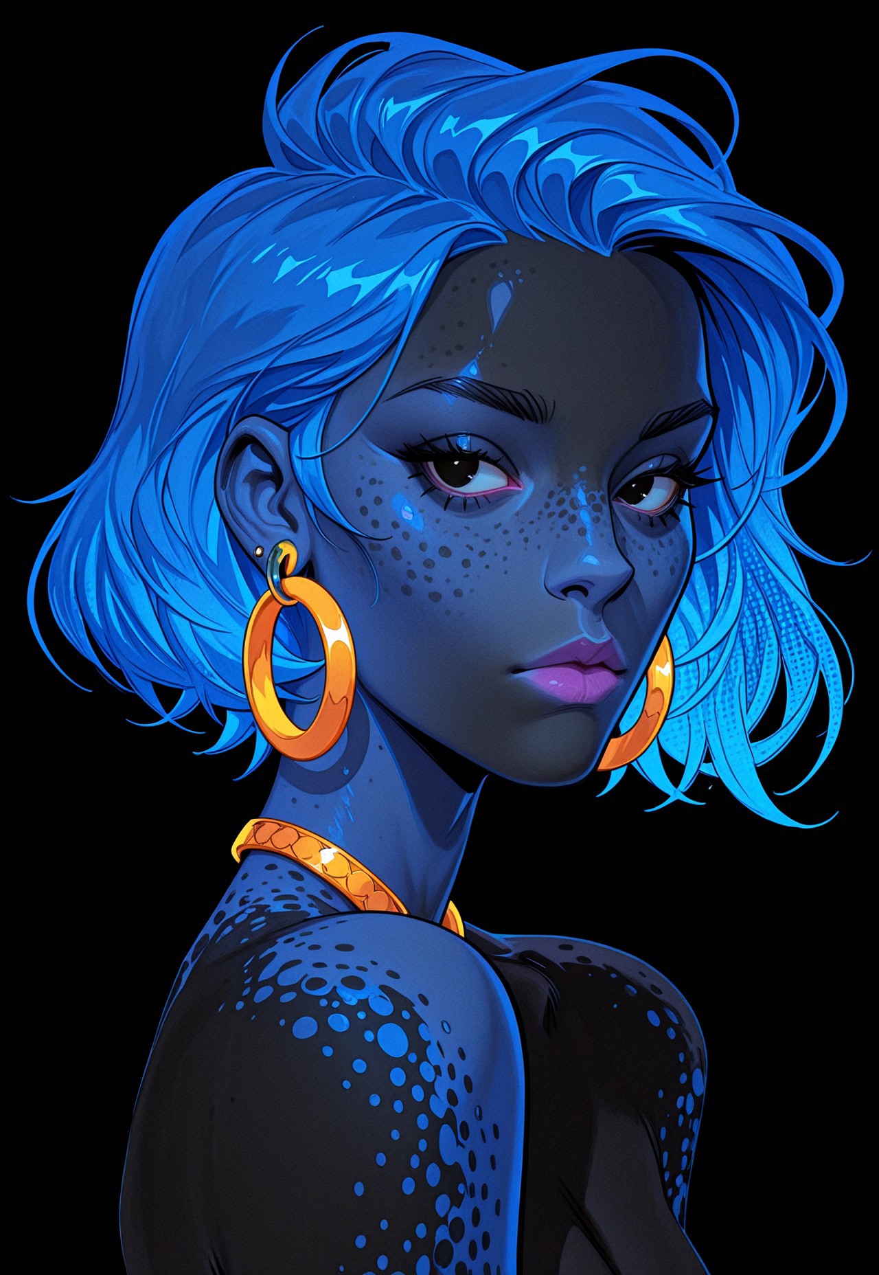 masterpiece, best quality, absurdres, very aesthetic, D3ND3N, solo, jewelry, earrings, black background, short hair, looking at viewer, portrait, blue hair, shadow, simple background, 1girl, hoop earrings, halftone, upper body, colored skin