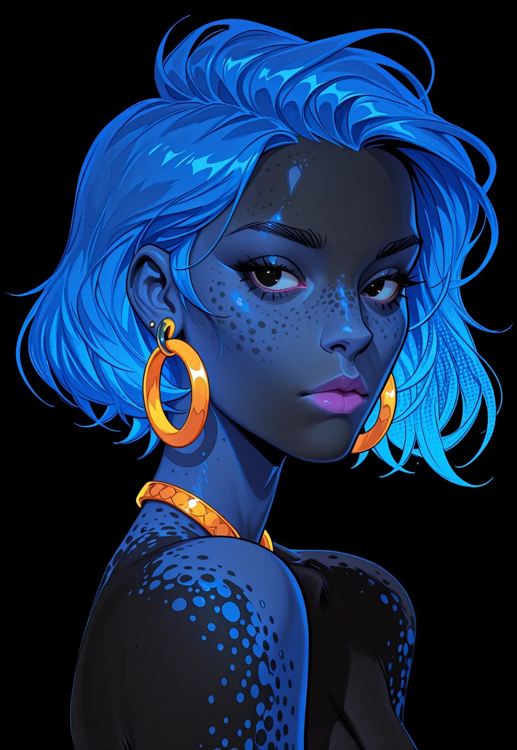 masterpiece, best quality, absurdres, very aesthetic, D3ND3N, solo, jewelry, earrings, black background, short hair, looking at viewer, portrait, blue hair, shadow, simple background, 1girl, hoop earrings, halftone, upper body, colored skin
