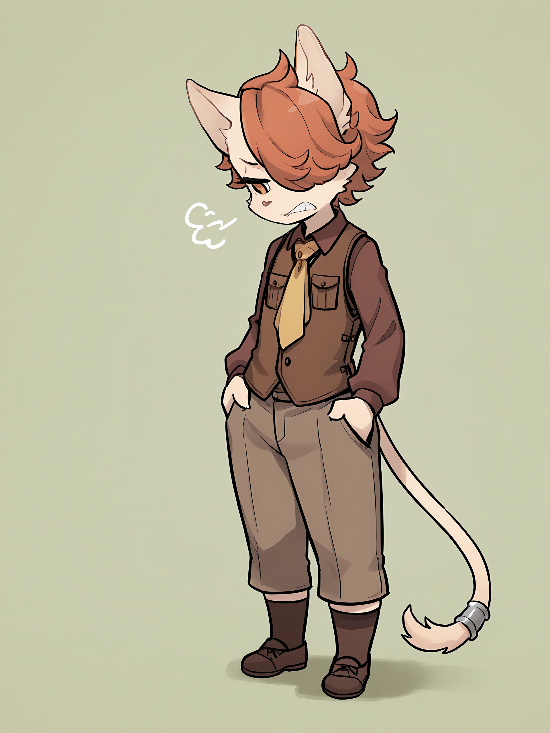 BREAK, <lora:Kyle_Bavarois_V1_Illustrious:1>, kyle bavarois, fuga: melodies of steel, kemono, furry male, cat boy, young male, 1boy, cream fur, short hair, orange hair, hair over one eye, orange eyes, animal ears, cat ears, cat tail, tail ring,
BREAK, Fuga 2 outfit, brown shoes, brown socks, brown pants, brown button-up shirt, long sleeves, brown vest, yellow necktie,
BREAK, (solo), full body, looking down, annoyed, bared teeth, narrowed eyes,