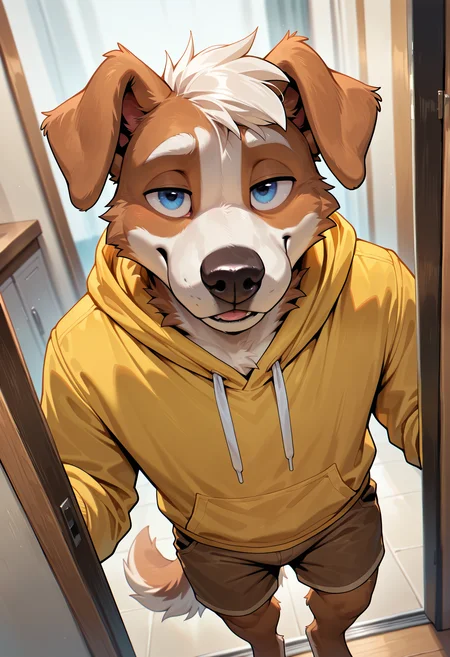 photorealism, photorealistic, chromatic aberration, depth of field, detailed background, eye reflections, reflections, dutch angle, male, solo, 1boy, adult, furry, anthro, tail, male focus, digitigrade, michi_(oc), animal ears, floppy ears, dog boy, seductive, looking at viewer, yellow hoodie, brown shorts, flirty expression, seductive glance, masterpiece, best quality, amazing quality, very aesthetic, absurdres, newest, (artist:syuro:0.8), (artist:nomax:0.5), (artist:honovy:0.6), (artist:kenket:0.6), (artist:taran fiddler:0.6), <lora:Michi_OC_Illustrious.safetensors:0.8>,