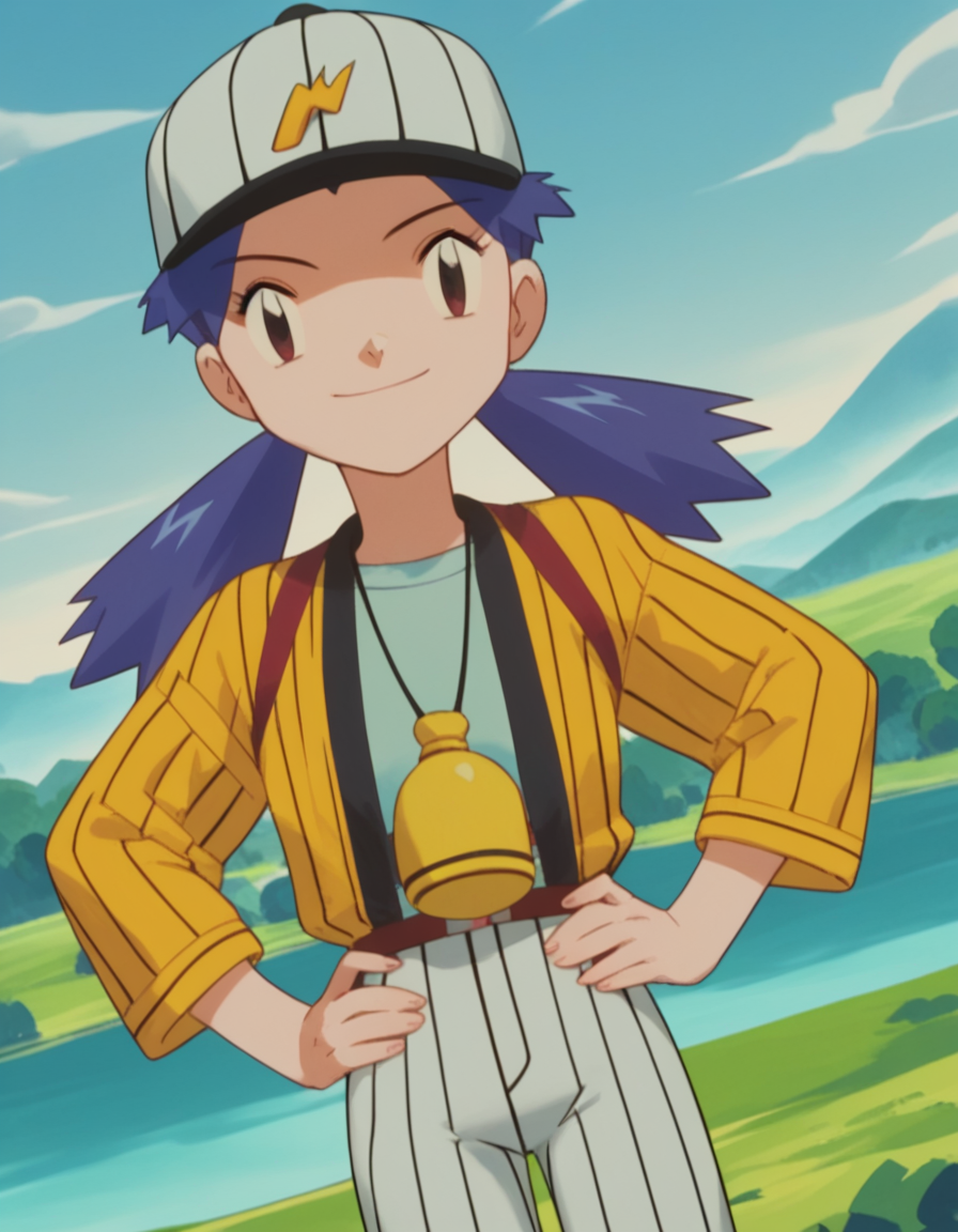 score_9, score_8_up, score_7_up, source_anime,
pokemoncasey, <lora:pokemon-casey-anime-ponyxl-lora-nochekaiser:1>,
casey, long hair, twintails, blue hair,
shirt, long sleeves, hat, striped, white headwear, baseball cap,
landscape, smile, hands on hips,
looking at viewer, cowboy shot, dutch angle, solo,