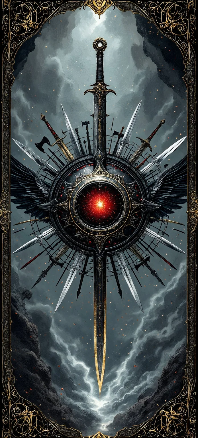 playing card illustration with detailed border, the circle of war, an iron hollow sphere surrounded by swords axes knives and spears, artifact of Ares god warfare, intricate masterpiece illustration of flying magical weapons, colors of steel black with spots of red and gold