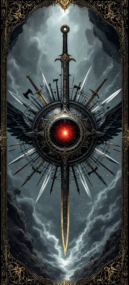 playing card illustration with detailed border, the circle of war, an iron hollow sphere surrounded by swords axes knives and spears, artifact of Ares god warfare, intricate masterpiece illustration of flying magical weapons, colors of steel black with spots of red and gold