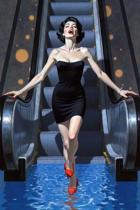 robmc1 illustration.
a woman in a chic little black dress and vibrant red high heels, gracefully descending an escalator. She wears black lipstick and is screaming. Her attire exudes elegance and sophistication, with the red heels providing a bold pop of color against the classic black dress. The escalator itself, typically found in a mall or airport, leads downwards into an unexpected and dreamlike destinationâ -- pool of rippling water. The water is blue and ripples as the escalator's steps disappear beneath the surface. The woman's posture is poised and confident, as she seems unperturbed by the unusual surroundings. The overall atmosphere is a blend of high fashion and surreal fantasy, capturing a moment that is both elegant and otherworldly, <lora:robmc1_cap_d6a3e12:1.0><lora:820312258166033282:0>