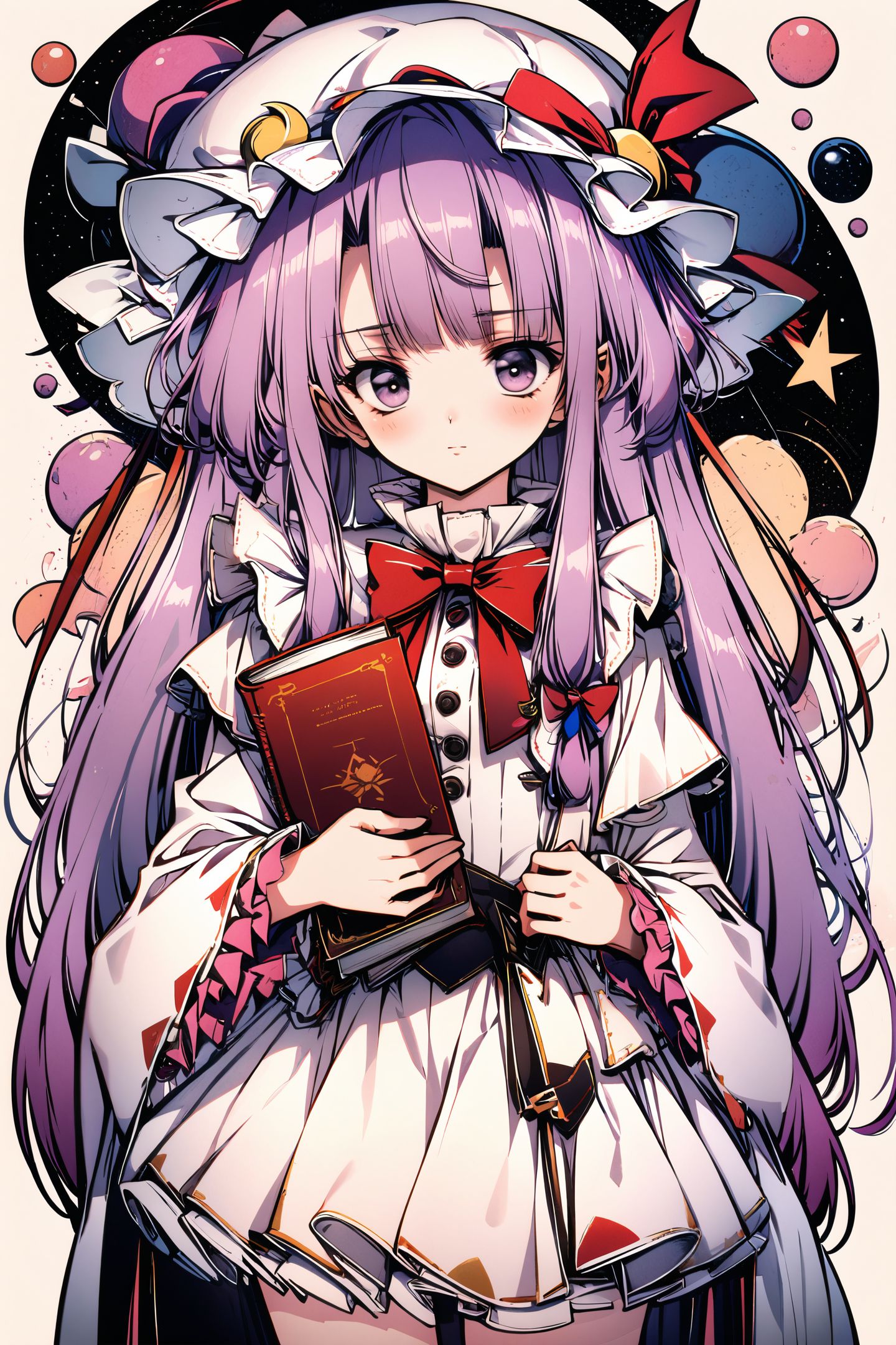1girl,solo,hat,purple hair,long hair,patchouli knowledge,mob cap,purple eyes,crescent,looking at viewer,long sleeves,holding,bow,dress,hat ornament,crescent hat ornament,book,white dress,ribbon,hair bow,cowboy shot,red bow,black bow,very long hair,bangs,breasts,wide sleeves,frilled sleeves,white headwear,bowtie,striped,red ribbon,frills,standing,hat ribbon,adapted costume,holding book,blush,fur trim,closed mouth,buttons,
<lora:Old Fashioned Celluloid_XL:1>,