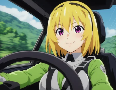 masterpiece, best quality, ultra detailed, highres,4k,(ultra-detailed:1.4) (illustration:0.5), (ray tracing,:0.8),(anime colored:0.7),(ai-generated:0.5),
1girl,,solo,
<lora:houjousatokoXL1:0.8>,houjousatoko,
short hair,blonde hair,purple eyes,hairband,
large breasts,
smile,
<lora:cyberformuladriverseatXL1:1>,cyberformuladriverseat,
cockpit,,canopy, driving,pilot suit, gloves,steering wheel,seatbelt,vehicle interior,
motion blur,motion lines,speed lines,