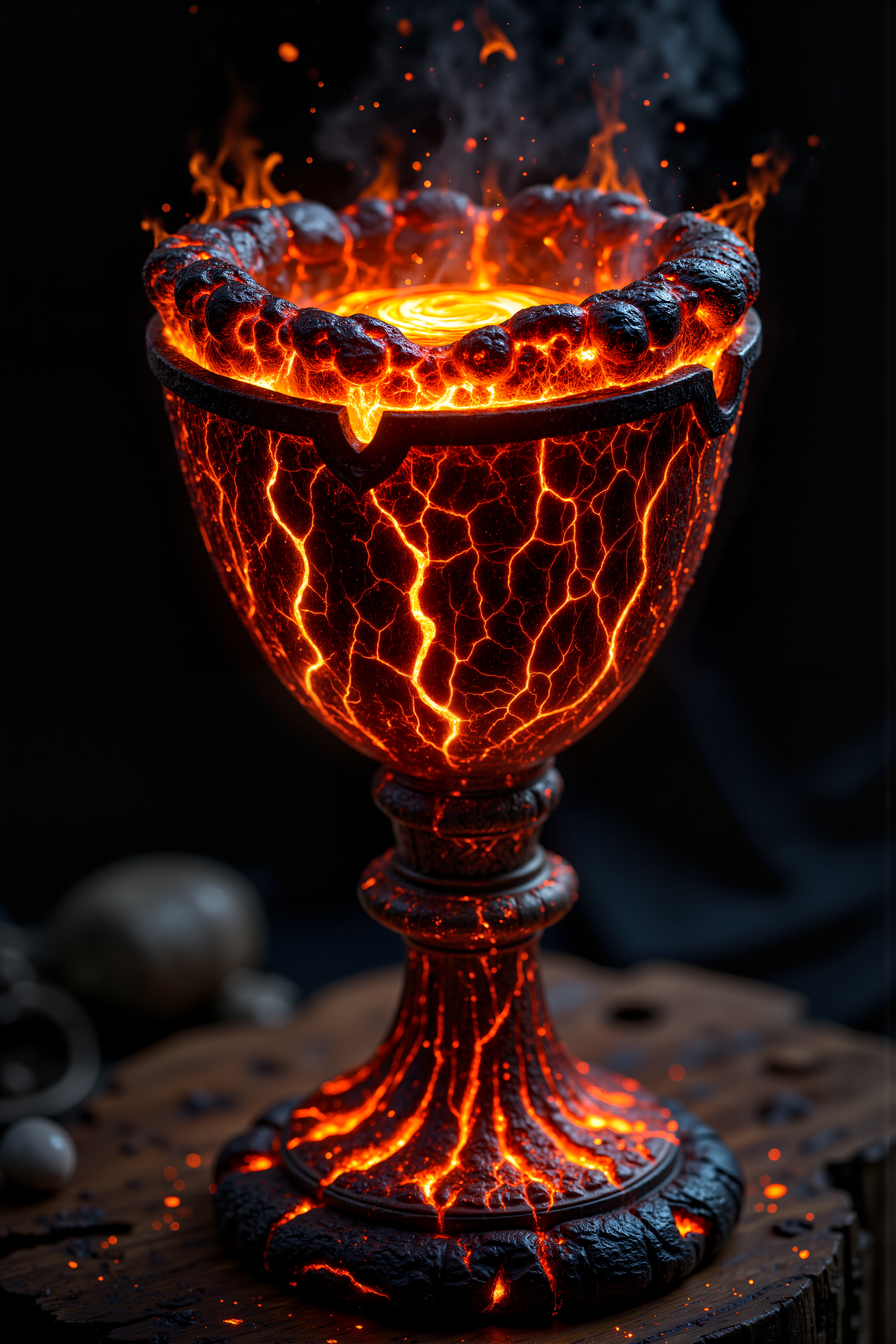 A hyper-realistic portrait, photorealistic photo close-up image of A chalice forged from molten lava, its surface perpetually shifting and flowing like a living, fiery river. The body of the chalice is smooth, with glowing orange and red patterns resembling ancient runes, constantly appearing and disappearing as the lava moves. The rim is edged with a blackened, obsidian-like material that contrasts sharply with the molten liquid within. Inside the chalice, a swirling vortex of liquid fire dances, its heat palpable even from a distance. The base is heavy, with veins of glowing magma coursing through the stone, grounding the otherwise fluid object in the physical world. The chalice stands on a wooden medieval table (photography, high-resolution, dynamic, energetic,hyper-realistic, dramatic lighting, shallow depth of field.), detailmaximizer, MythP0rt<lora:midjourney_whisper_flux_lora_v01:0.55><lora:aidmaMJ6.1-FLUX-V0.1:0.4><lora:FluxMythP0rtr4itStyle:0.4><lora:detailed_flux_ntc:2.2><lora:aidmaImageUpgrader-FLUX-V0.1:0.65>
