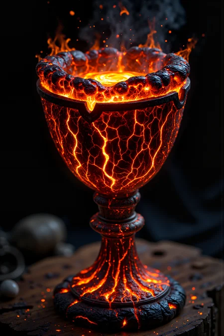 A hyper-realistic portrait, photorealistic photo close-up image of A chalice forged from molten lava, its surface perpetually shifting and flowing like a living, fiery river. The body of the chalice is smooth, with glowing orange and red patterns resembling ancient runes, constantly appearing and disappearing as the lava moves. The rim is edged with a blackened, obsidian-like material that contrasts sharply with the molten liquid within. Inside the chalice, a swirling vortex of liquid fire dances, its heat palpable even from a distance. The base is heavy, with veins of glowing magma coursing through the stone, grounding the otherwise fluid object in the physical world. The chalice stands on a wooden medieval table (photography, high-resolution, dynamic, energetic,hyper-realistic, dramatic lighting, shallow depth of field.), detailmaximizer, MythP0rt<lora:midjourney_whisper_flux_lora_v01:0.55><lora:aidmaMJ6.1-FLUX-V0.1:0.4><lora:FluxMythP0rtr4itStyle:0.4><lora:detailed_flux_ntc:2.2><lora:aidmaImageUpgrader-FLUX-V0.1:0.65>