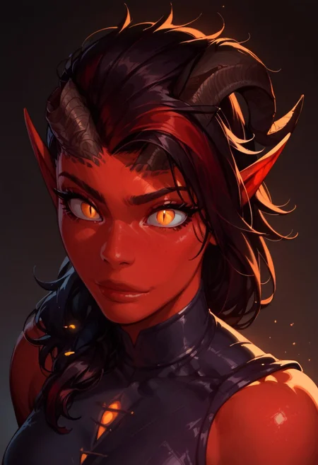 score_9, score_8_up, score_8_up, source_cartoon, score_7_up, score_6_up, score_5_up, score_4_up, 1girl, gorgeous girl, kawaii girl, perfect cute face, wide eyes, 
KarlachBG3, demon girl, colored skin, slit pupils,muscular,Tiefling, pointed ears, horns, colored sclera, tail,
ArmoredDress, shiny black armor with red lines on it, light in chest, 
eye contact,
 Full body shot