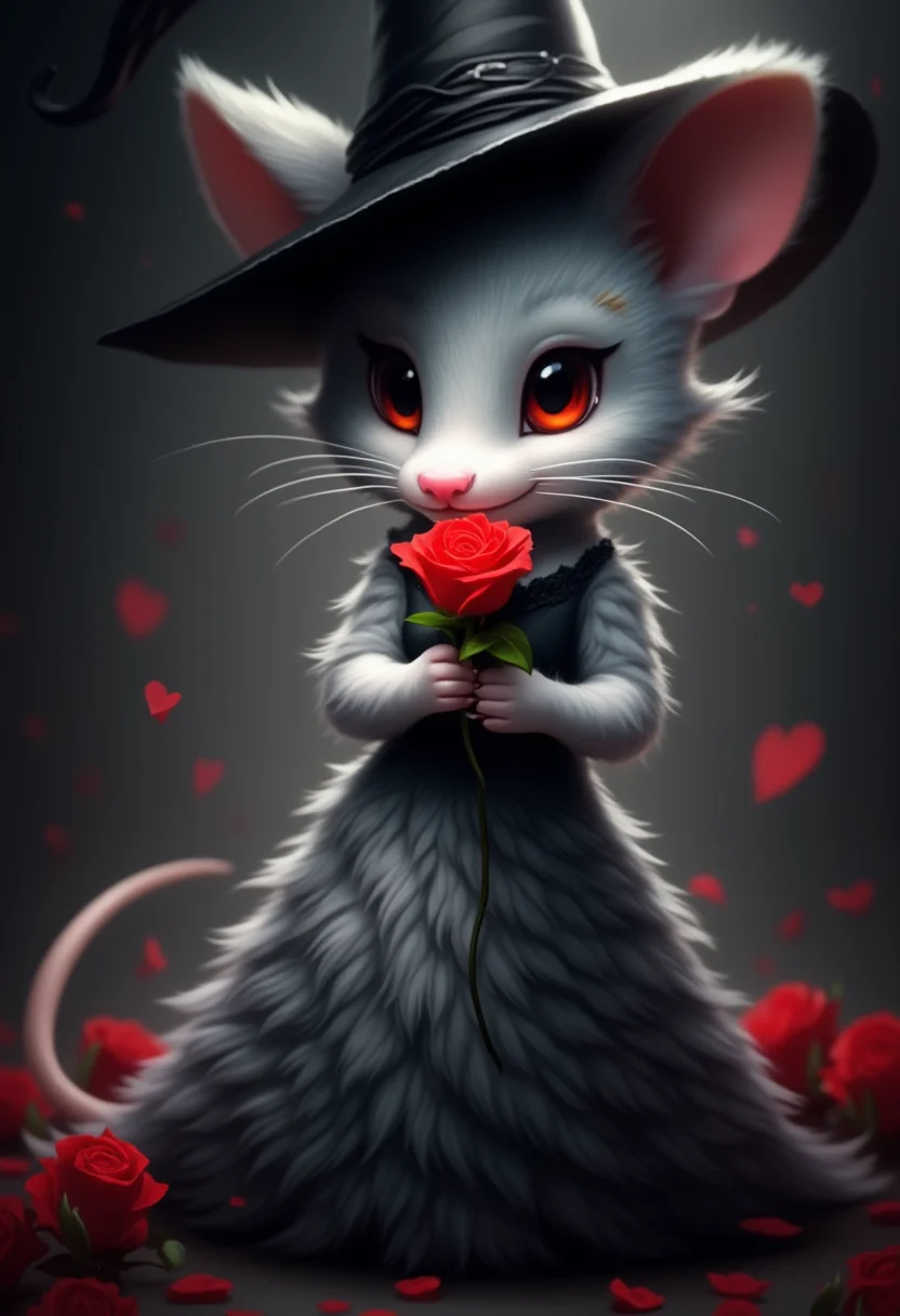 valentines day, red hearts, This adorable creature is a stunning depiction of a wild, furry mouse with red eyes. Her gray fur covers her body and highlights her fluffy cheeks and black ears. She wears a striking black dress that gives her an air of elegance and sophistication. Her sharp and visible claws hint at her wild nature. She holds a red rose in her hands which she dreamily smells. The scene is set in the dark night, with a monochrome color scheme that adds to the mystery and intrigue of the image. The witch's hat on her head adds a touch of whimsy and allure, while the Art Nouveau style in the background creates an intriguing setting. The portrait is a head shot that captures her facial expression, looking directly at the viewer with a mixture of curiosity and slyness. The side view showcases her body, emphasizing her unique features and proportions. The silhouette in the background adds depth and drama to the composition, making it a true masterpiece of digital art. Overall, this fluffy and mesmerizing creature is a beautiful fusion of wild, furry and artistic styles that perfectly embodies the essence of a monochromatic muse. ,<lora:flux/FluxDFaeTasticDetails.safetensors:0.7000000000000001:1.0>