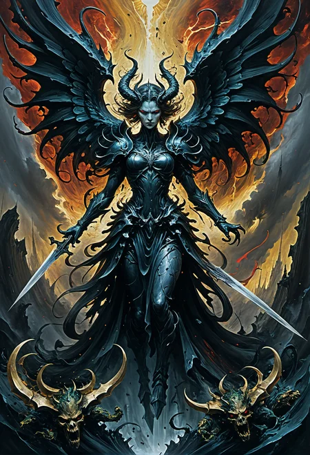 amaze the viewer with a masterful work of extreme artistry,the exacting precision of every brush stroke making the canvas come alive with awe inspiring visuals,a vengeful angel slaying demons in the abyss,the artist celebrating the triumph of a fallen goddess seeking revenge,her eyes dare the viewer to meet their gaze,otherworldly,demon infested hellscape,intricately detailed masterpiece
