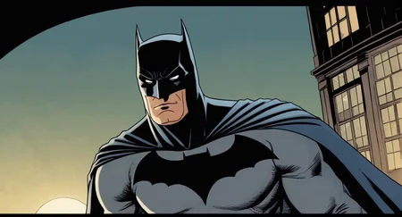 comic book art of  Cinematic Film stock footage in (arri alexa style) Kodak film print,   <lora:batman:1> batman a man in a batman mask looks down, comic art, graphic novel illustration