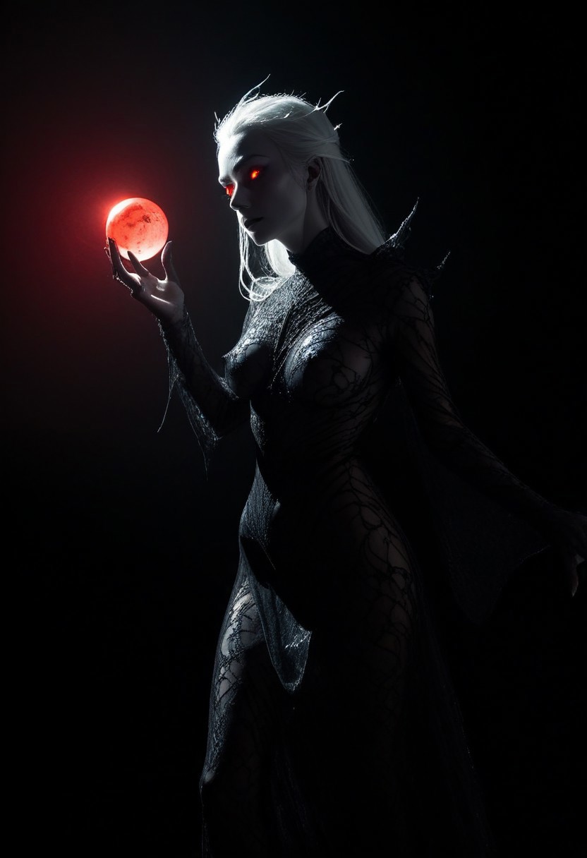 dutch angle, N3onSp3ctra, realism a dark, shadowy figure against a deep, almost black background. The figure, likely a woman, (head tilt), (orgasm face:1.5)  face is hidden in the darkness, making her features hard to distinguish, but glowing red eyes stand out, giving her an eerie vibe. Her hair is long and wild, flying around like she's caught in a gust of wind. She's reaching up with her right hand, fingers slightly spread, and holding a glowing red orb that looks like a small, full moon. The orb casts a faint red light, adding to the creepy atmosphere. Her left arm is bent, with the hand hanging loosely by her side. She's wearing a flowing, see-through black garment with intricate, almost glitch patterns that add to the mysterious feel. dark and moody color scheme, sport color red glow of her eyes and the glass orb providing the only bright spots. 
intricate detail​​​s, detailed face, blurry background,
monochrome palette, dark, fantasy darkness, 
detailed background, soft light, underlighting, (shiny skin:0.4), 
night theme, dark theme,
night, nighttime, dark theme, low-key, low-light dimly lit, fog haze, (shiny:0.4),