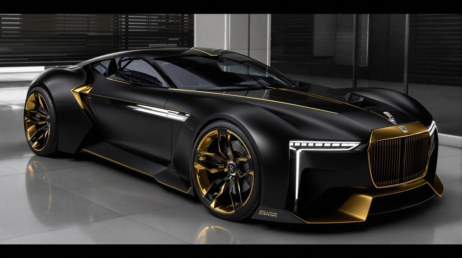 Rolls Royce Vision Gran Turismo. Matte Black and Gold This concept 2050 car was developed for the Gran Turismo video game series, but also serves as a showcase of Ferrari's design and technology capabilities. It features a futuristic and aerodynamic design, with a prominent front grille, sleek headlights, and large wheels