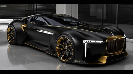 Rolls Royce Vision Gran Turismo. Matte Black and Gold This concept 2050 car was developed for the Gran Turismo video game series, but also serves as a showcase of Ferrari's design and technology capabilities. It features a futuristic and aerodynamic design, with a prominent front grille, sleek headlights, and large wheels