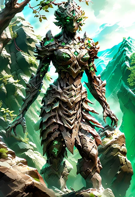 score_9, score_8_up, score_8, score_9, female stone statue, overgrown with vines, emerald eyes, glowing green gem in chest, standing in mountain pass, stone golem, full body, glowing runes on body