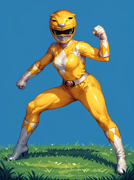 score_9, score_8_up, score_7_up, score_6_up, BREAK
yellow bodysuit, white gloves, yellow power ranger, yellow ranger helmet, 1girl, solo, medium breasts, tokusatsu, mighty morphin power rangers, full body, 2d, (pixel art), dynamic pose, blue background, grass, <lora:Yellow_Ranger_MM:0.8> <lora:Pixel_Art_Pony:0.8>