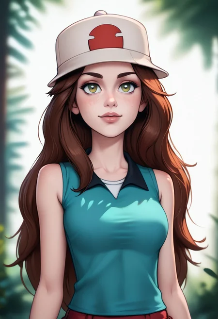score_9, score_8_up, score_7_up, score_6_up, PRSNL_3_1, uncensored, pupils black dots, lips,
upper body, best quality, masterpiece, 4k, realistic, warm light,
LeafPony, leaf (pokemon), long hair, brown hair, brown eyes,
white headwear, porkpie hat, blue shirt, sleeveless shirt, red skirt, miniskirt, pleated skirt, wristband, black wristband, shoes, socks,