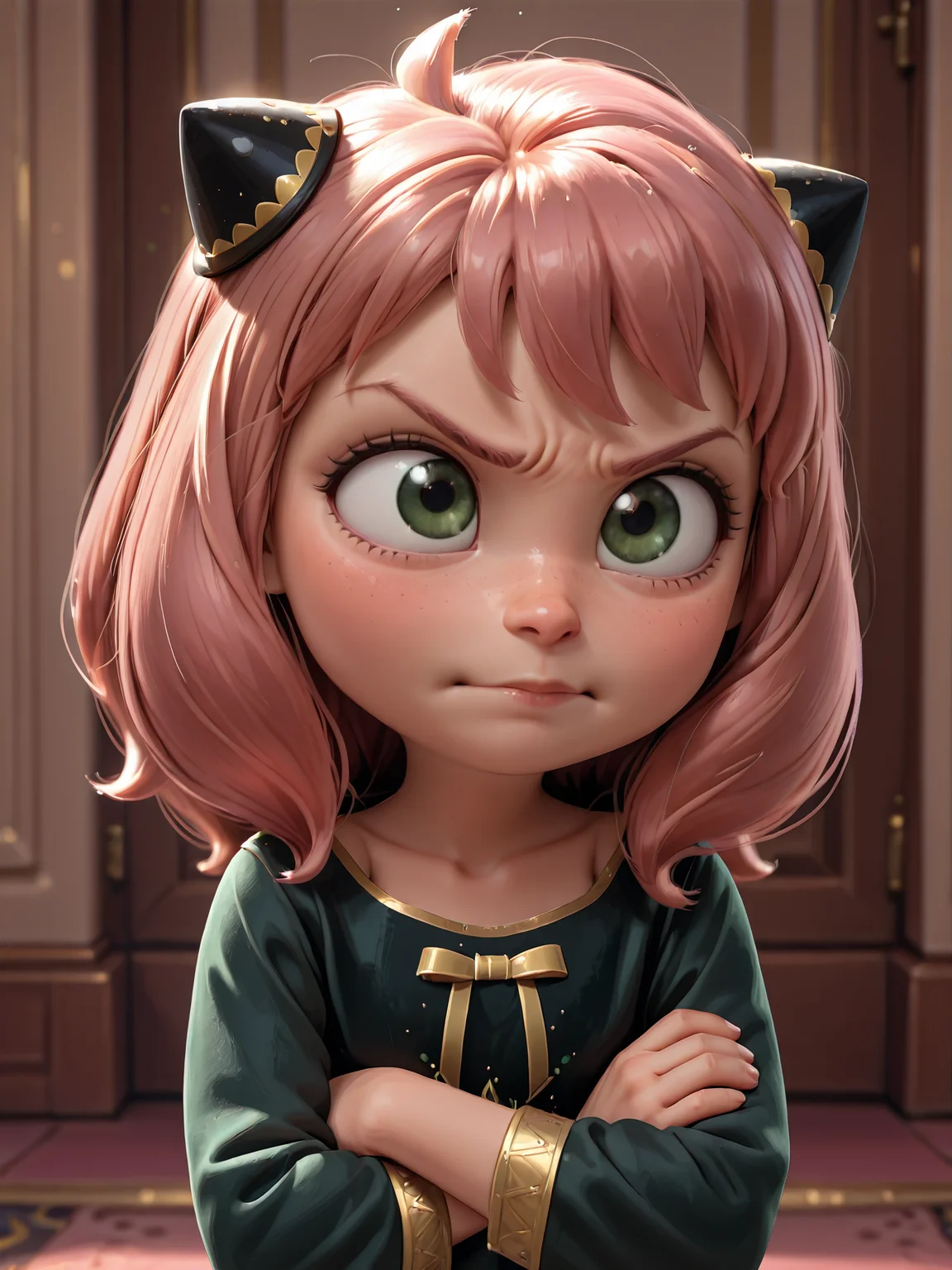<lora:princess_rc_il:0.8>, 1girl, solo, anya_forger, anya_forger_(spy_x_family), wholesome, cute, adorable, annoyed, scrunched face, angry, arms crossed, looking up at viewer, pouting