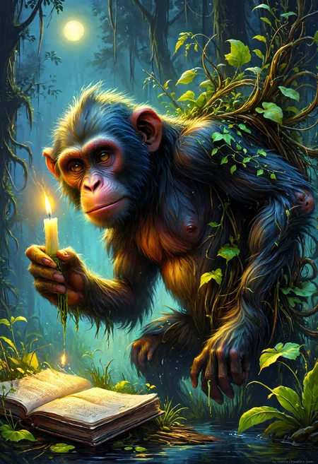 When a primate climb up a spine and attach, Eye for an eye, by the bog life swamps and vines, <lora:xl_more_art-full_v1:0.4>, <lora:MJ52:0.4>, Candlelight, <lora:PAseer-SDXL-DreamLandV1:0.8> dream, <lora:Rainbow_Style:0.6>