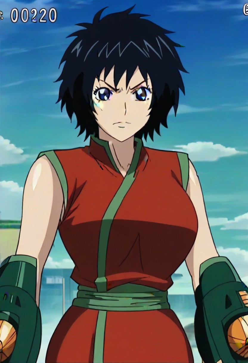 short black hair, blue eye, Scar on right cheek, red sleeveless outfit with green trim,, ,,,,,anime coloring, anime screencap , 1girl,Solo ,, anime,,PUFFY nipple,huge breasts,,, official art,,Uncensored ,Unedited ,,,, ,, ,, , ,,, ,, , ,,,