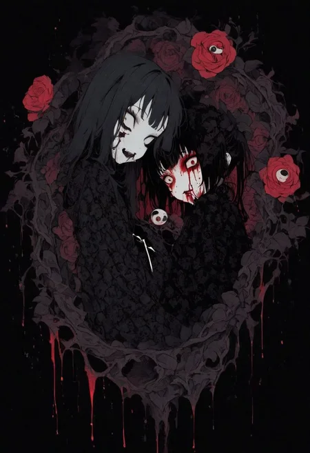 japanese line art    , two woman intertwined on a bed, floral patterns, roses, linen , (bloody face, dripping blood:1.2) , dripping blood, skeletal figures, gore, (aged black background:1.2) ,  weathered canvas and brushstroke  , (intricate eyeball  pattern background:1) , ,  bad  quality , low res,  , in the style of  takato yamamoto   unfinished, ugly, <lora:takma2:1.2>
goth,