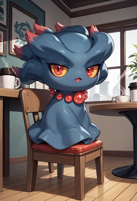 score_9, score_7_up, source_anime, full body, sitting, looking at viewer, chestnut mouth, from side, <lora:MisdreavusPKMN-pdxl:1> misPKMN, pokemon \(creature\), ghost, no humans, yellow sclera, red eyes, bead necklace, chair, table, coffee cup, indoors