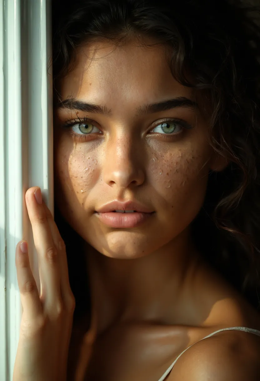 d3m1, beautiful 20yo mediterranean woman, ultra-realistic, detailed olive skin texture with subtle freckles, stark white light coming from an open refrigerator door below, casting sharp upward shadows, smooth shading, calm natural pose, ultra-realistic striking green-blue eyes, high-detailed curly dark brown hair, looking into the fridge, dark kitchen background, Southern European facial features, slim build, thick dark eyebrows, full lips with a natural tone, average breasts, elegant and minimalistic expression, delicate features, natural look, no makeup