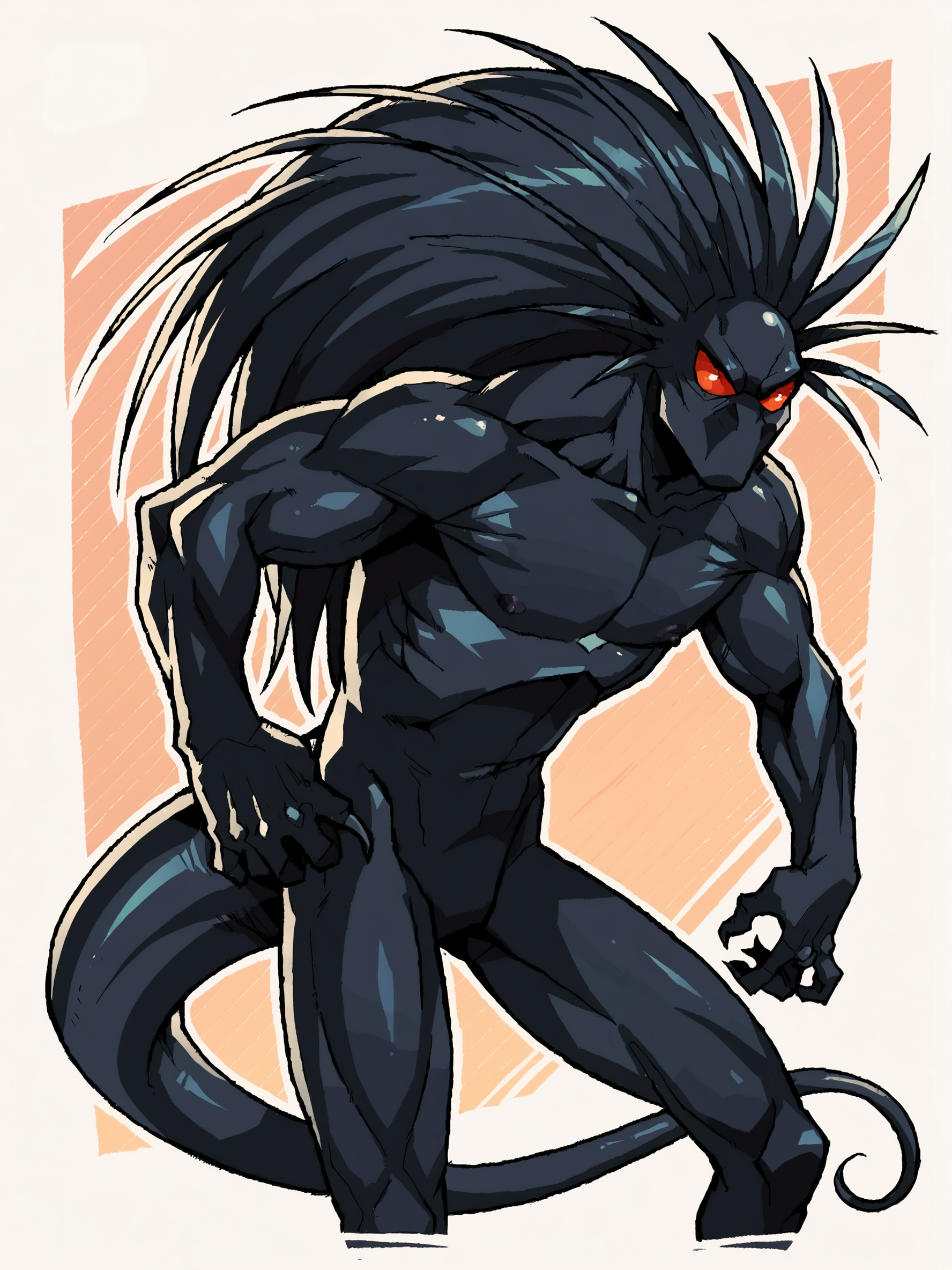 score_9, score_8up, score_7up, score_6up, score_5up, score_4up, abstract background, source_cartoon, rating_safe, BREAK
solo, male, monster, m_blackheart, long hair, black body, nipples, featureless crotch, BREAK
<lora:Blackheart_-_Marvel_Comics__vs._Capcom_-_PDXL:1>
