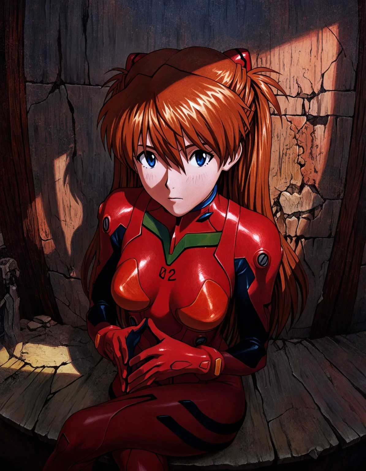 masterpiece, best quality, absurdres, oil painting medium, chiaroscuro, asuka langley, plugsuit, sitting, steepled fingers, looking at viewer, crossed legs, window shadow, fisheye, ruins <lora:96_chadmix_vpred10_1a.safetensors:1.0>, <lora:96_chiaroscuro_vpred10_1a-000022.safetensors:1.0>,