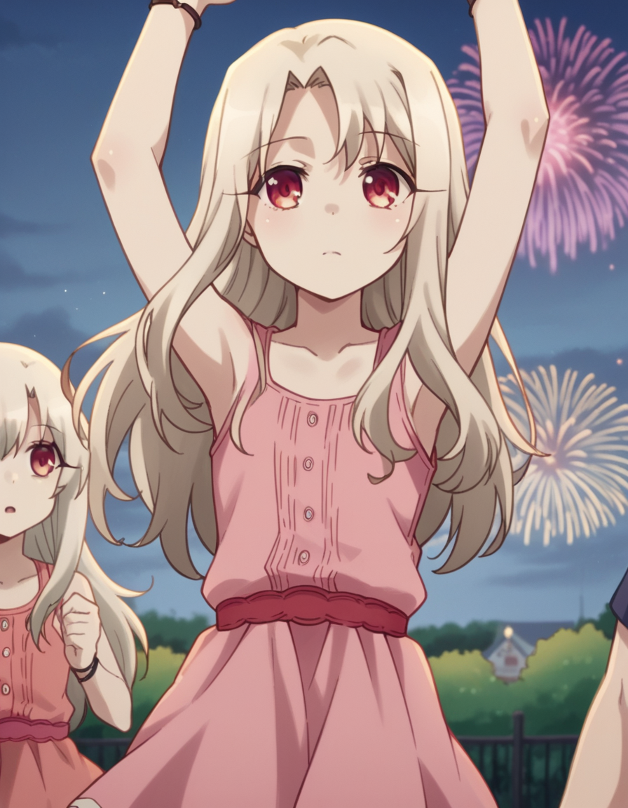 score_9, score_8_up, score_7_up, source_anime, <lora:illyasviel-von-einzbern-prisma-s2s3-ponyxl-lora-nochekaiser:1>,, illyasviel von einzbern, long hair, blonde hair, red eyes, parted bangs,, dress, collarbone, sleeveless, sleeveless dress, pink dress,, festival, fireworks, summer night, food stall, traditional, arms up,, , , arm holding an object, solo,, cowboy shot, dutch angle