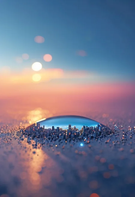 ((photo tilt-shift, with complex colors, top view, bokeh effect)), ral-rndrps, landscape of a Futuristic drops, at Blue hour, Fujicolor, ethereal magical atmosphere, unreal, alien, scifi, (((masterpiece))), (((volumetric lighting, high resolution, 8k, best quality, hyper detailed, ultra detailed, ultra high definition, 8k, super sharp focus, great detail of skin, award-winning photo for its artistic beauty)))