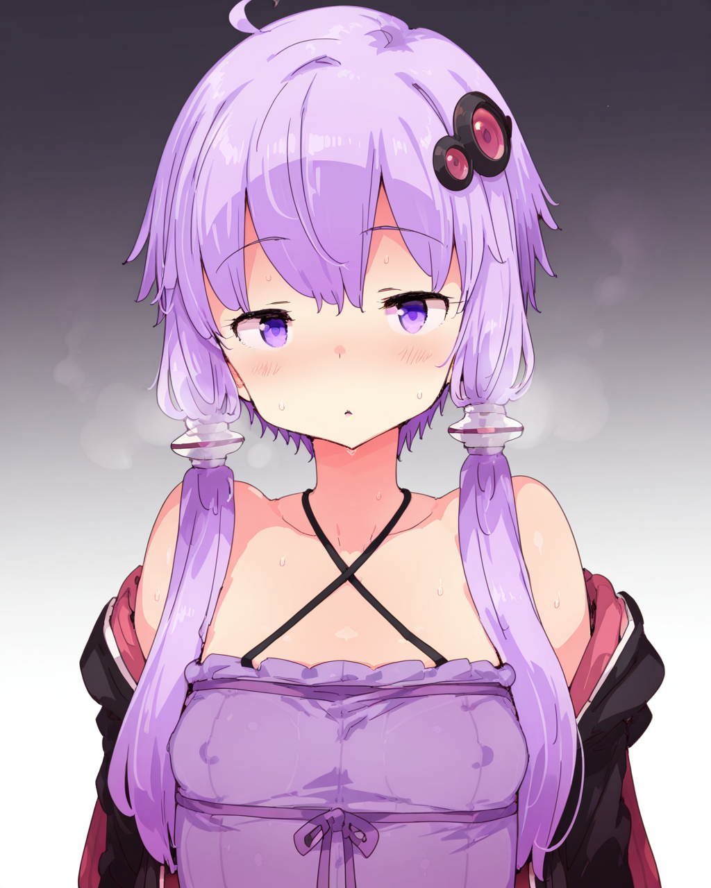 1girl, solo, yuzuki yukari,hair ornament,purple hair,short hair with long locks,sidelocks,purple eyes, black jacket, purple dress,criss-cross halter, petenshi \(dr. vermilion\), steam, smell, steaming body, looking at viewer, upper body, simple background, white background, masterpiece, best quality, very aesthetic, absurdres