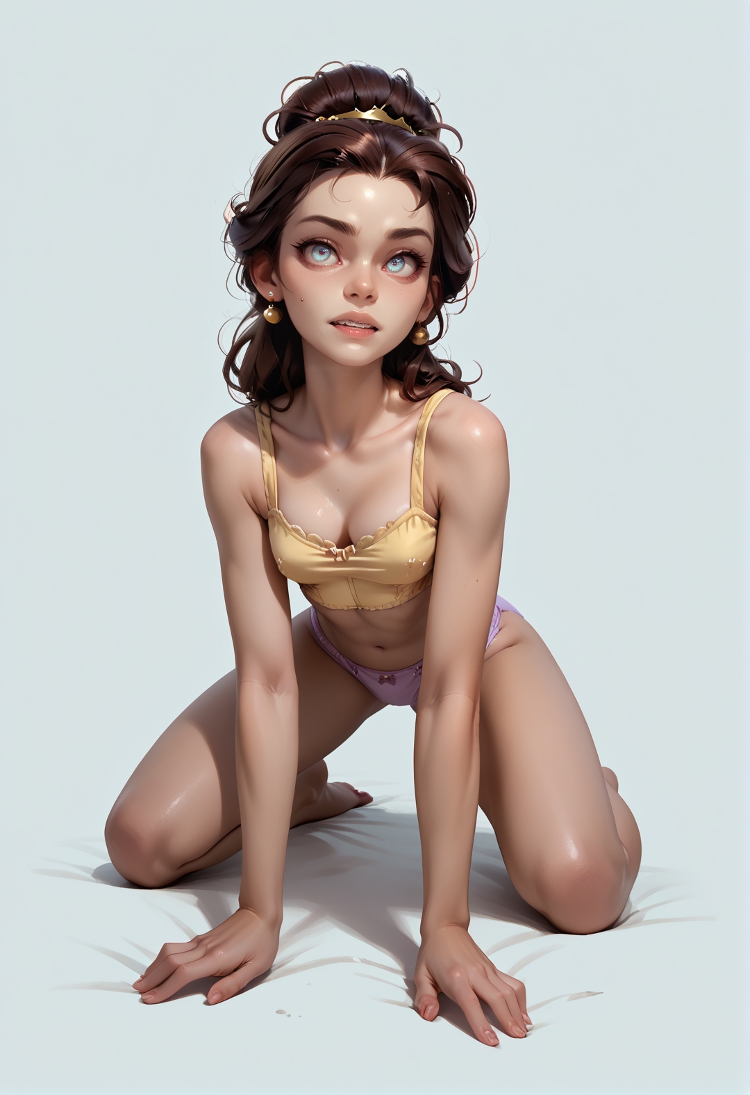 445l34z3, <lora:princess_rc_pony_v2:.7> Princess Belle petite 21 year-old,basic underwear, crop top, all fours, hair over one eye, messy hair, simple background,(breasts:1.2)<lora:IndesleazeAAmerger:0.85>, ((score_9), score_8_up, score_7_up),score_6_up,score_4_up,score_5_up