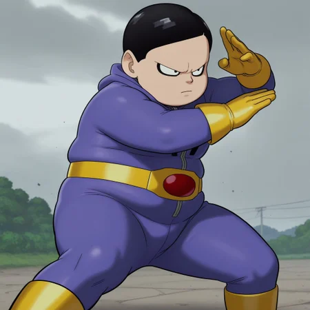 masterpiece, best quality, amazing quality, drhedo, 1boy, male, solo, human, short hair, black hair, black eyes, black eyeliner, short, chubby, purple and black costume, zipper, yellow gloves, yellow belt, yellow boots, fight stance, serious, grit teeth, 
outdoors, overcast