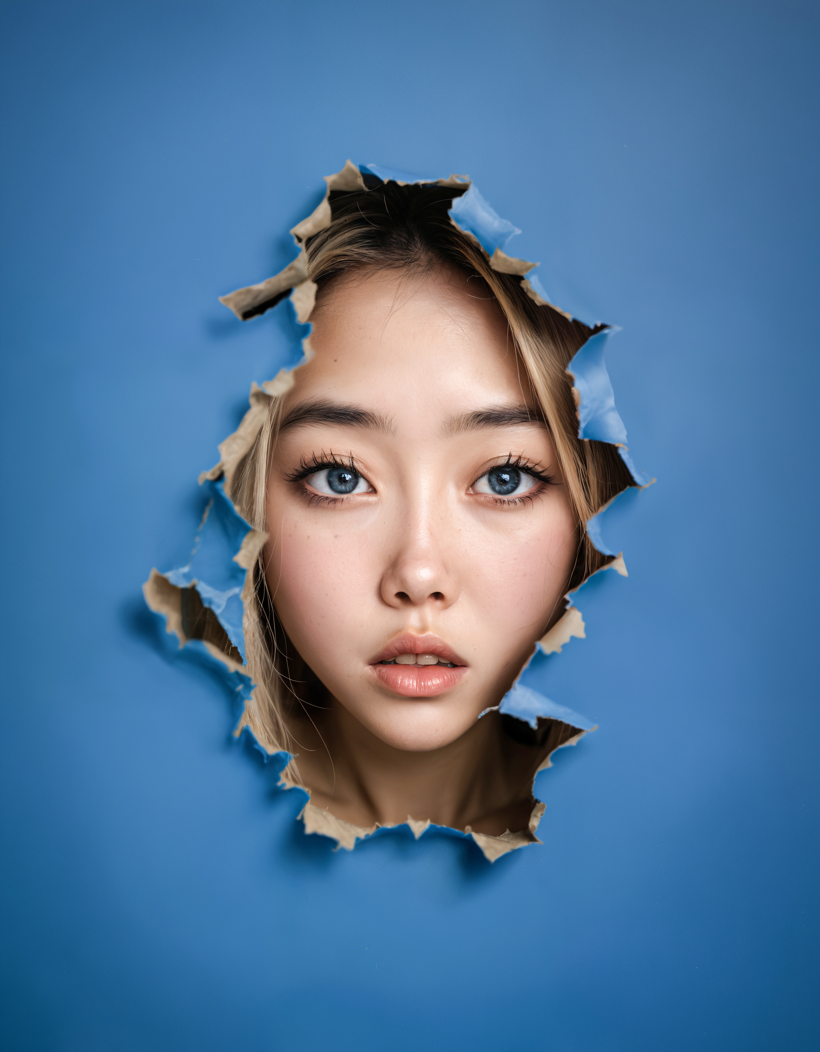 zavy-hlbckdrp, glamour photo of a young asian woman popping her face through a hole in blue foreground wallpaper, blonde hair, blue eyes, blue wallpaper, 100mm f/2.8 macro lens, closed mouth,