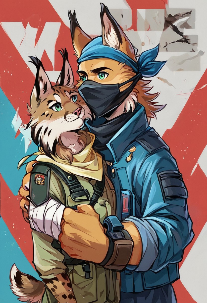 Score 9, Score_8_up, Score_7_up, ng_deepnegative_v1_75t, negative_hand, charturnerv2, knee-deep portrait of adult male,  banners, starship, high technology, shirt, fingerless gloves, soldier uniform,, , anime, Arknight provens, detailed background, cyberpunk, bandana, facemask, furry,  lynx species,  lynx tail, lynx ears, muscle, bulky