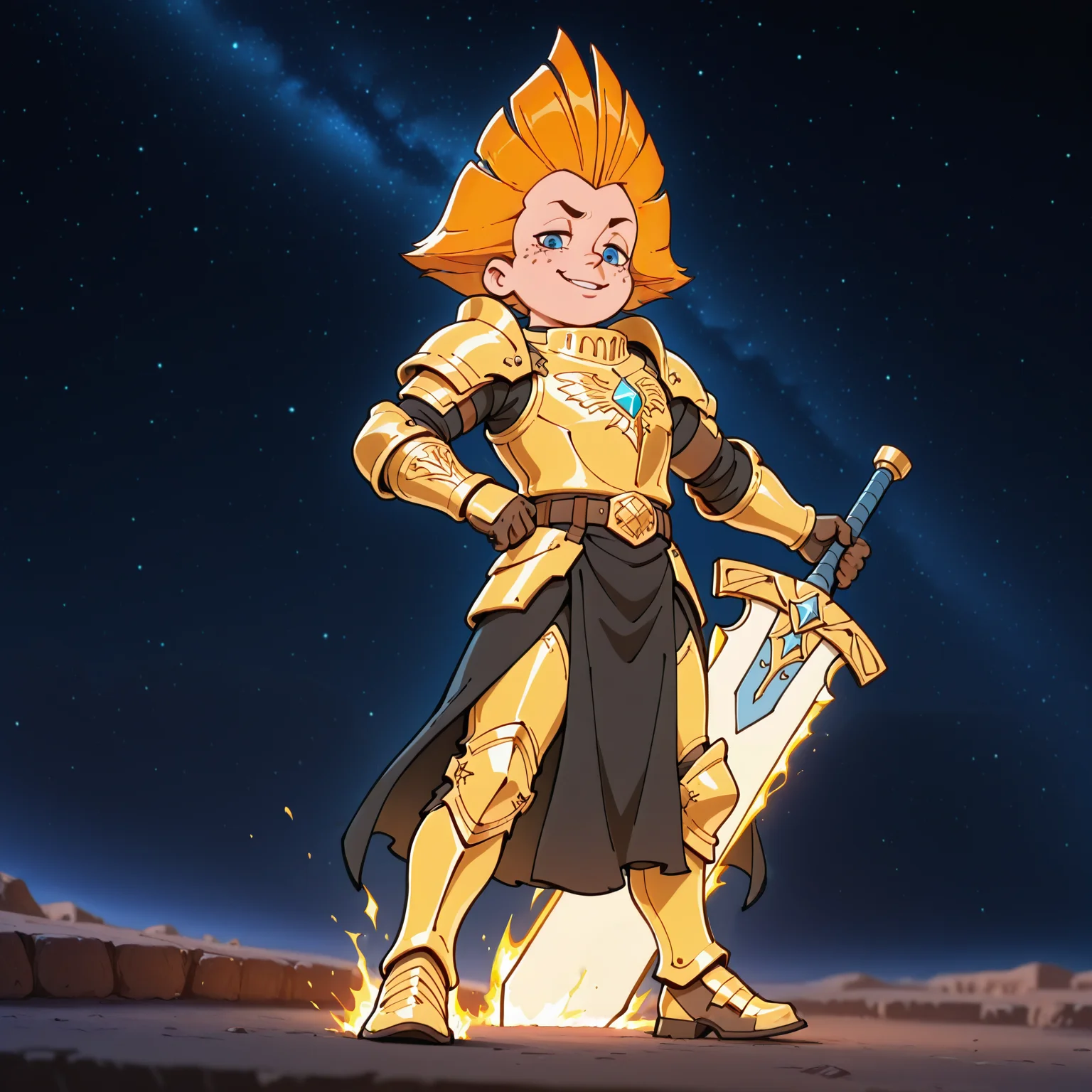 <lora:Neznajka:1.0>, 1 boy, solo, rich colors, badass boy, <lora:princess_xl_v2:0.6>, Neznajka, <lora:aidmaMJ6.1_v0.5_IL:0.6>, strong, paladin armor, blue eyes, , (young:0.9), detailed backgroung,paladin,dark fantasy, dynamic, best quality, amazing quality, very aesthetic, absurdres, newest, depth of field, separate focus, dynamic angle, dynamic composition, masterpiece, highres, 4k, intricate details,three quarter view, face focus, powerful, paladin clothes, holy, smug, holy magic, holy armor, full body, glowing armor, holy sword, holy shield, holy aura, arrogant look, sword close to viewer, sword on foreground, BREAK, dark, night, pitch darkness, <lora:Space_cosmos_background:0.7>, SPACE, STARS