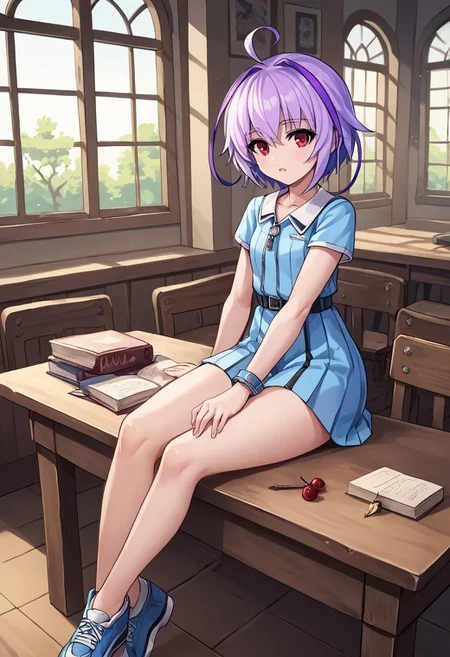 score_4,score_5,score_6,score_7_up,score_8_up,score_9 ((masterpiece,best quality,ultra detailed,highres,HD,4k:1.2)), 
Joule(GV1),Purple hair,side locks,ahoge,multicolored hair,short hair, red eyes,short sleeves, blue dress, zipper, bracelet, thighs, bare legs,shoes,, desk, school, classrom, ambient light, windows, cherry bloosom tree outside window