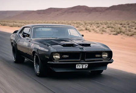 Creates an ultra detailed and realistic image wide angle, of a race between 70s cars, muscle cars, with aerodynamic lines from 1972. The cars have tinted black windows. It is captured in motion with motion blur at full speed through a desert, daylight. Race between 2 cars. The photograph is captured with an Arri Alexa camera, with a zoom lens.
. <lora:Vintage Muscle Car SDXL:1>