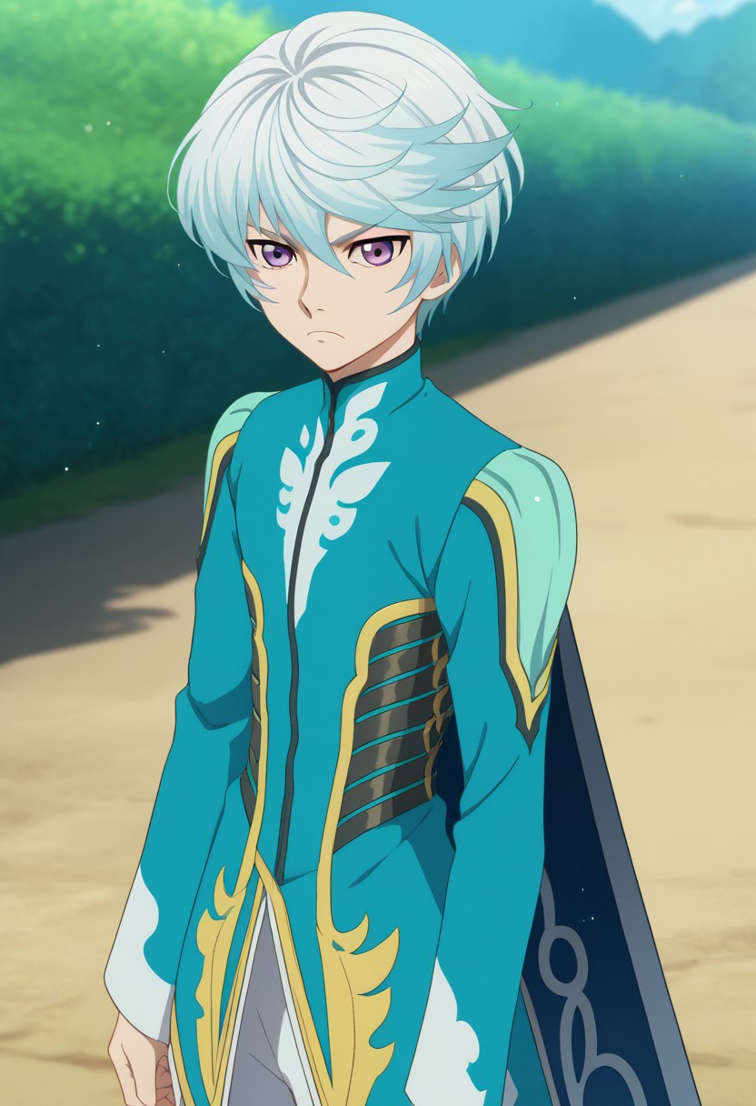 score_9, score_7_up, source_anime
mikleo, 1boy, male focus, solo, purple eyes, blue hair, short hair, swept bangs, jacket, blue jacket, long sleeves, cape, blue cape, frown
outdoor,