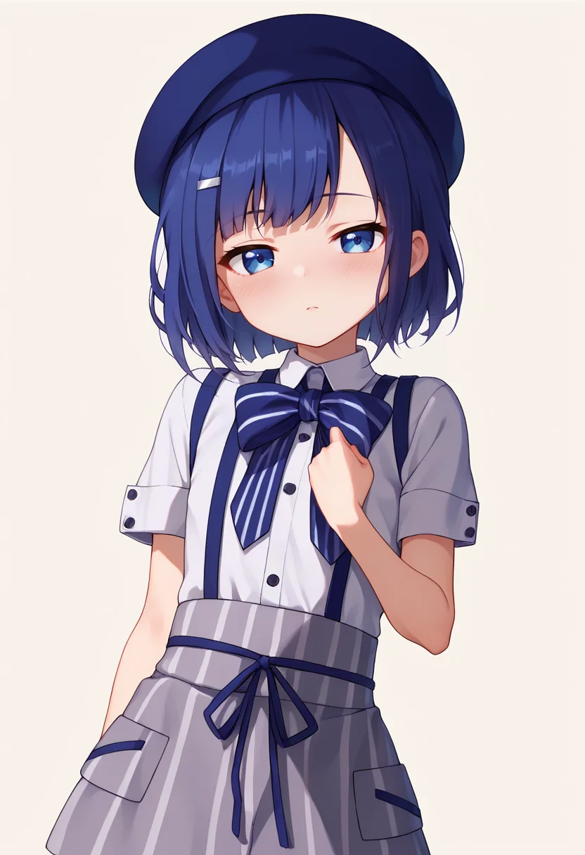 score_9, score_8_up, score_7_up, score_6_up, score_5_up, score_4_up, masterpiece, source_anime BREAK 1girl, ct-fuyu, flat chest, blue hair, short hair, blue eyes, hairclip, blue beret, white collared shirt, short sleeves, striped bow, suspender skirt, beige background, simple background, looking at viewer, blush, upper body, half-closed eyes, <lora:Fuiba_Fuyu_PONY_c:1>