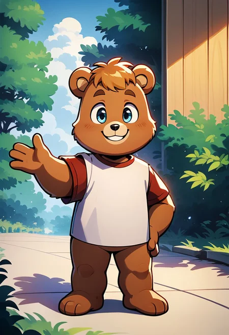 score_9, score_8_up, score_7_up, score_6_up, best quality, source_anime, (cute), solo, 1boy, male, Teddy Ruxpin, shortstack, looking at viewer, love, cartoon bear, standing, hand on hip, bottomless, t-shirt, furry, featureless chest, featureless crotch, exterior, Rainbow, smile, waving, full body,