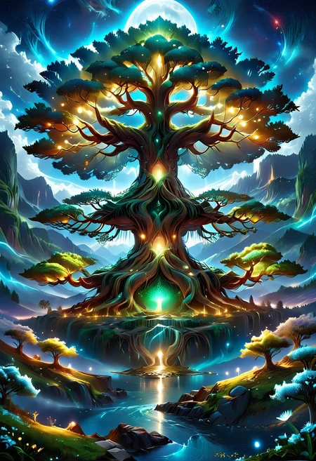 A captivating night scene illustration Yggdrasil tall on a large snowy mountain overlooking a lake. lthndrtrl, Yggdrasil, emits a warm glow, highlighting its incredible magic and grandness. The snowy hill is covered in great pine trees, reflecting on the calm, moonlit snow that mirrors the silvery moonlight. The full moon graces the sky, casting an ethereal glow on the clouds and mountain, while wispy clouds partially obscure its brilliance, adding to the scene's mystique. Twinkling stars dot the sky, creating a celestial tapestry that harmonizes with the moon's radiance. This enchanting artwork captures a serene and peaceful night, where the illuminated Yggdrasil stands resolute amidst the celestial beauty, creating a cinematic experience., illustration, cinematic, lthndrtrl, Yggdrasil
<lora:DonM3t3rn1tyXL-v1.1:0.7>, DonM3t3rn1tyXL,
OverallDetailXL <lora:MJ52:0.3> <lora:SDXLFaeTastic2400:0.4> <lora:EpicF4nta5yXL:0.7>
