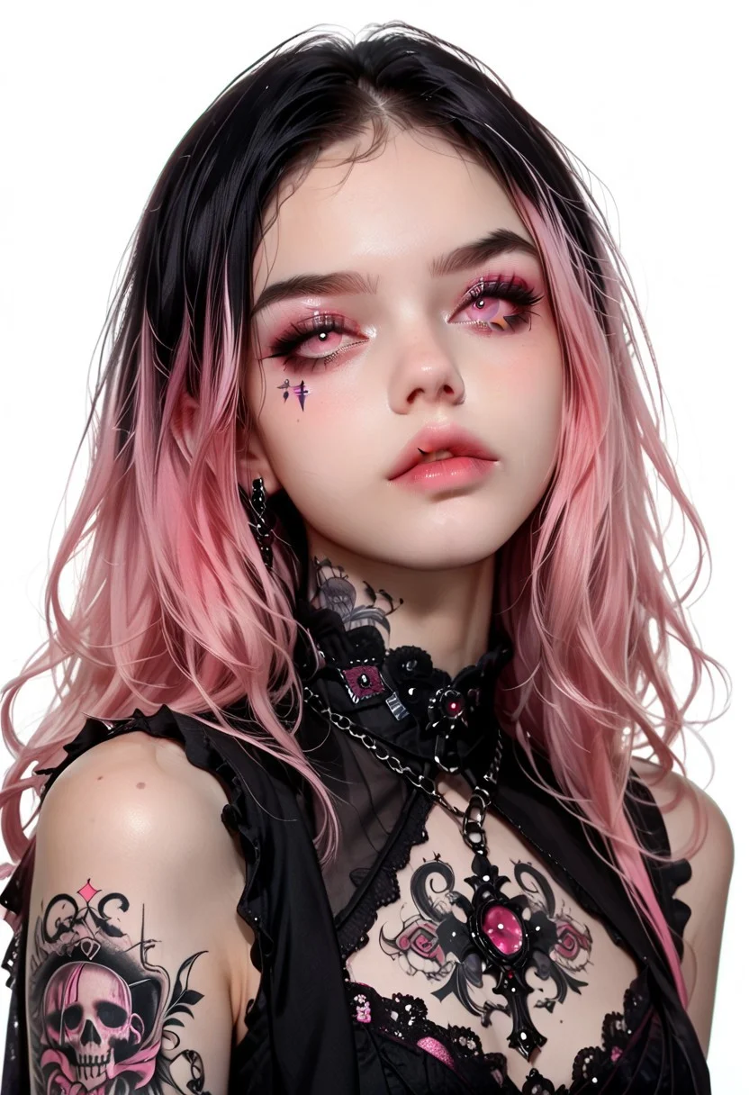 score_9, score_8_up, score_7_up, 1girl, (ultra HD quality details), gothic_style, gothic girl, goth girl, solo,looking at viewer, long hair,hair between the eyes,bare shoulders,jewelry,(black hair, pink hair,multicolored hair,glowing hair), tattoo, sleeveless,pink eyes,necklace,two-tone hair,lips,makeup,white  background,portrait,spot color,