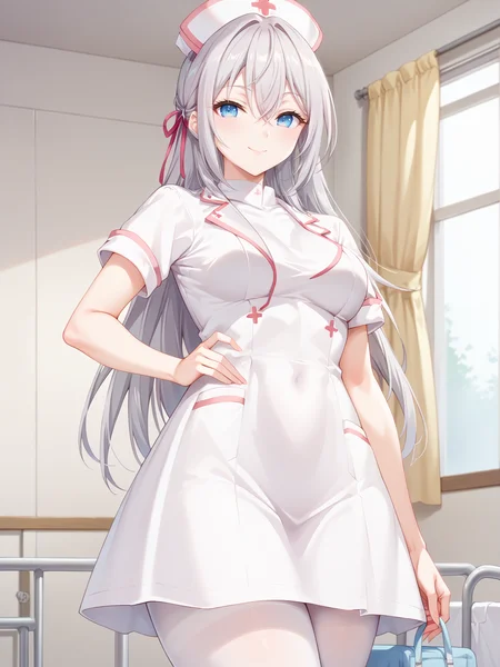 ((score_9)), ((score_8))
health clinic, smile, looking at viewer, cowboy shot, closed mouth, standing, pose, indoors,
<lora:add-detail-xl:1>
alyav4, 1girl, long hair, grey hair, blue eyes, ribbon, hair ribbon, hair between eyes,
<lora:Alya-sanV3-04:0.9>
<lora:nurse_pony_V1.0:1> nurse, white dress, nurse cap, white pantyhose,
