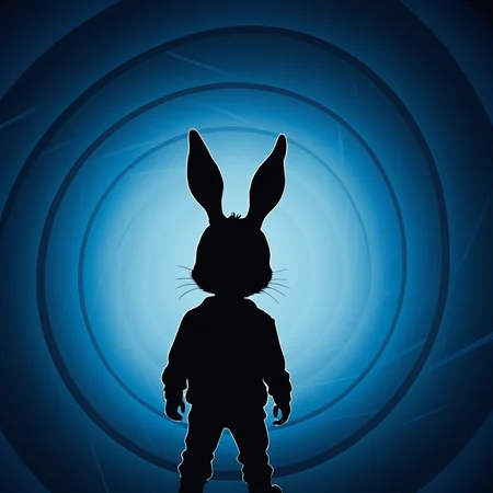 <lora:add-detail-xl:1>
<lora:detailed:0.3>
<lora:perfection style:0.3>
<lora:xl_more_art-full_v1:0.3>
<lora:Donnie Darko film style:1>
a illustration of a rabbit with white eyes standing in a spiral tunnel with a blue background,solo,1boy,hat,monochrome,male focus,blue background,blue theme,silhouette , cinematic, film, Donnie Darko film style