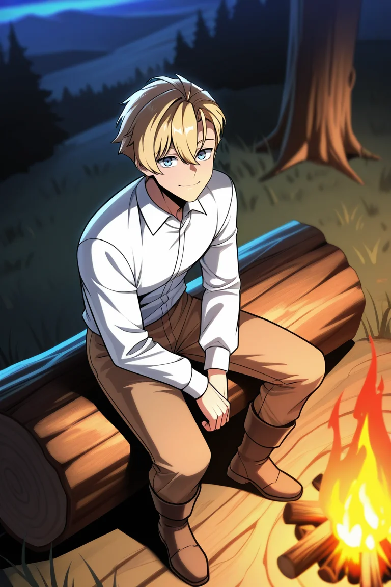 masterpiece, best quality, amazing quality, very aesthetic, high resolution, ultra-detailed, absurdres, newest, scenery, volumetric lighting, depth of field,anime screencap, , , 1boy, solo, male focus,  <lora:ed_rothstaylor:0.85>,ed rothstaylor,light blue eyes,blonde hair,short hair,looking at viewer, smile, shirt, long sleeves,hair between eyes,bangs,closed mouth, sitting, white shirt, full body, outdoors, boots, collared shirt, pants, fire, brown pants, log, campfire, wood,night,from above