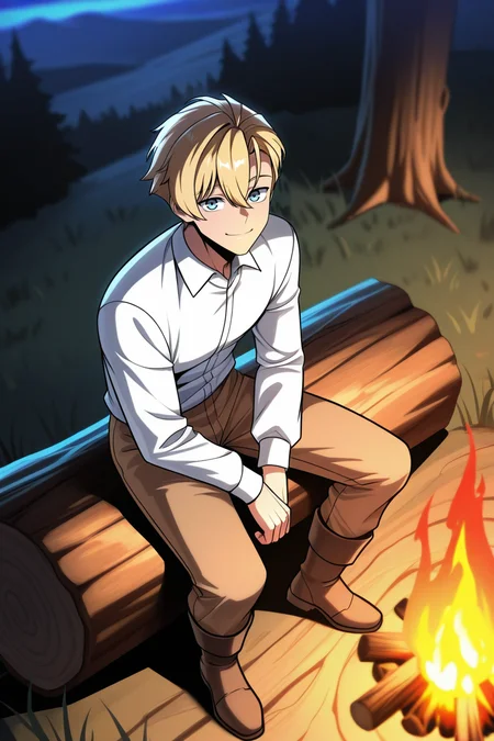 masterpiece, best quality, amazing quality, very aesthetic, high resolution, ultra-detailed, absurdres, newest, scenery, volumetric lighting, depth of field,anime screencap, , , 1boy, solo, male focus,  <lora:ed_rothstaylor:0.85>,ed rothstaylor,light blue eyes,blonde hair,short hair,looking at viewer, smile, shirt, long sleeves,hair between eyes,bangs,closed mouth, sitting, white shirt, full body, outdoors, boots, collared shirt, pants, fire, brown pants, log, campfire, wood,night,from above
