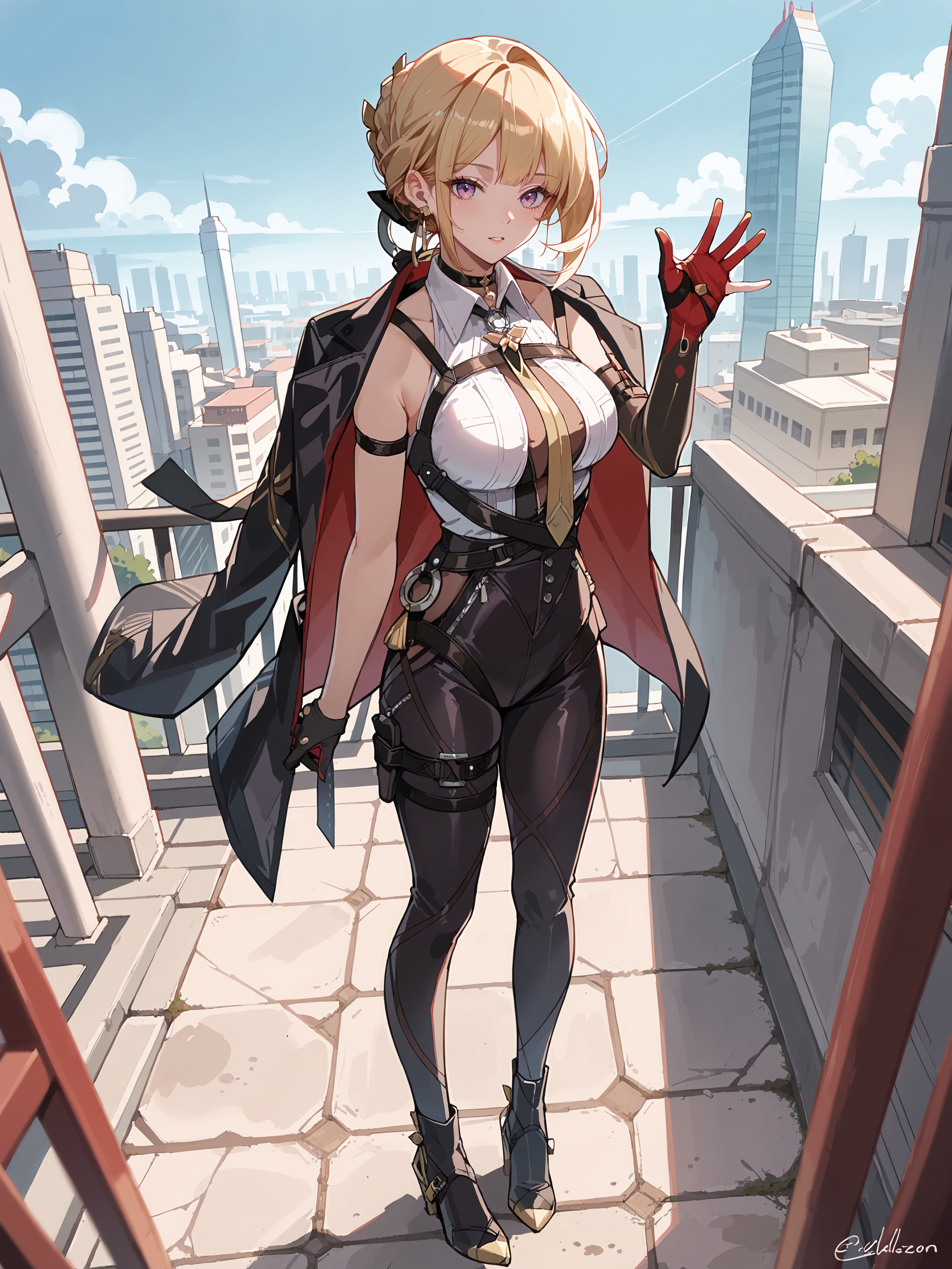 score_9, score_8_up, score_7_up, source_anime, ray tracing, best quality,  <lora:Style-Expressive_H-pony:0.8:hr=0.4>,  <lora:Char-ZZZ-Evelyn-V1-Pony:0.9:hr=0.6>, 1girl, solo, evelyn chevalier, braided bun, hair up, black hair ribbon, earpiece, thigh holster, high-waist tight pants, black gloves, collared sleeveless shirt, chest harness, arm strap, single gauntlet, yellow necktie, pendant choker, looking at viewer, parted lips, rooftop, cityscape, skyline, outdoors, depth of field, standing, waving, full body, high heel boots, black coat, coat on shoulders,